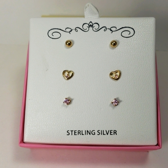 Set of 3 18k Gold-Plated over Sterling Silver Pink Cubic Zirconia Stud Earrings - Picture 1 of 9